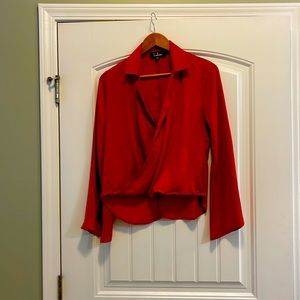 Lulu’s Red Satin Wrap Bell Sleeve Blouse